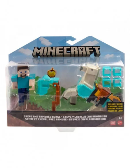 Minecraft Pack de 2 Figuras Steve y Caballo con Armadura 8 cm